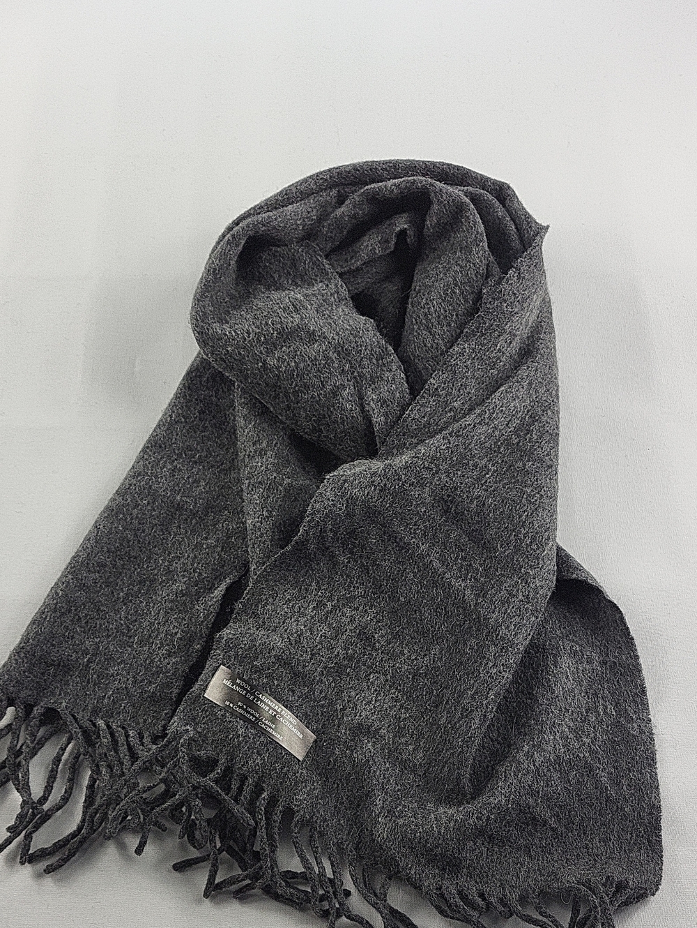 Charcoal Grey Wool Cashmere Blend Fringe Scarf Unisex Cozy Winter